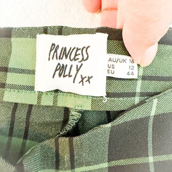 Princess Polly Plaid Patterned V-Cut Waist Green Checkered Flare Pant Size 12 - Picture 6 of 8